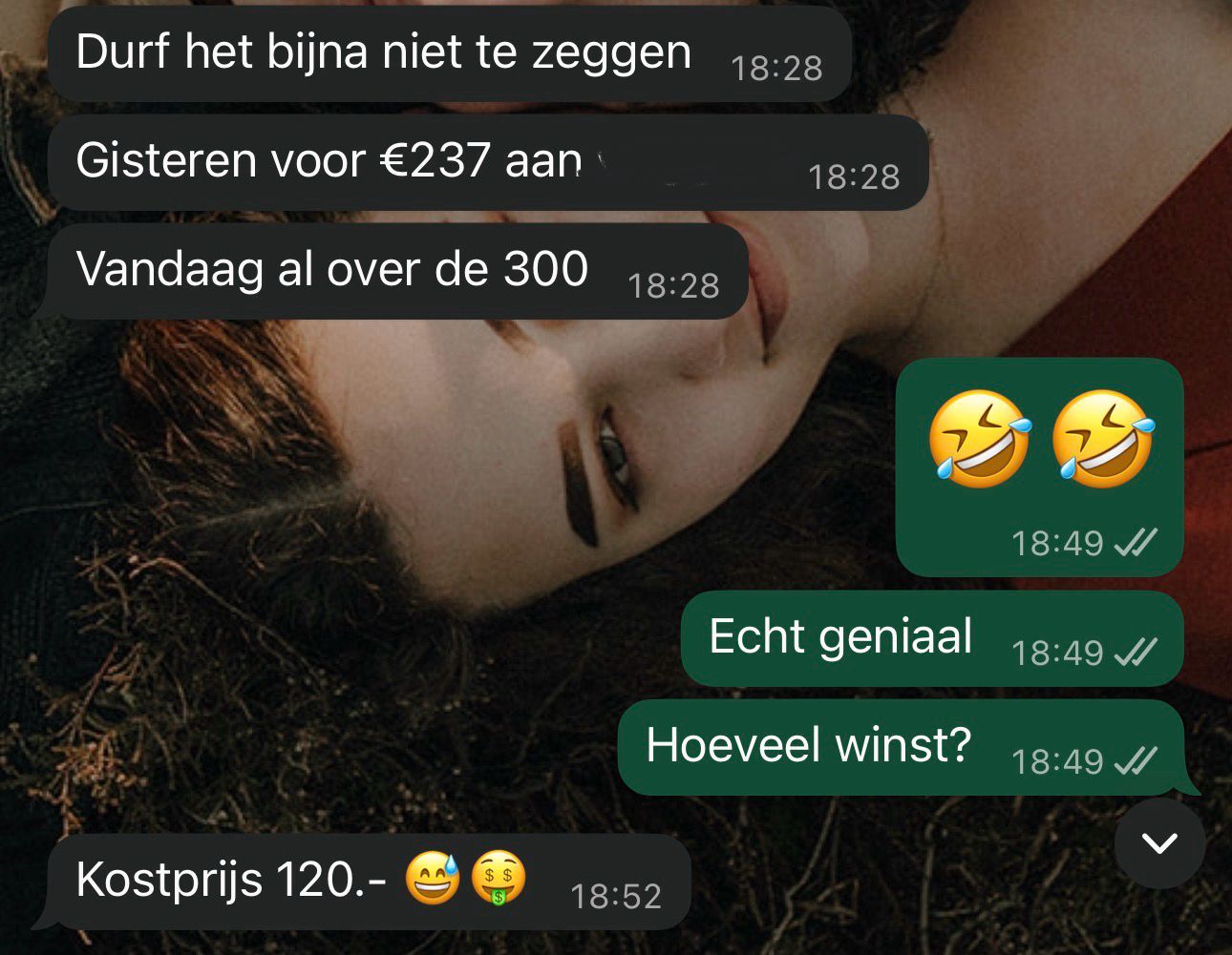 WhatsApp-bericht: gisteren € 237, vandaag € 300